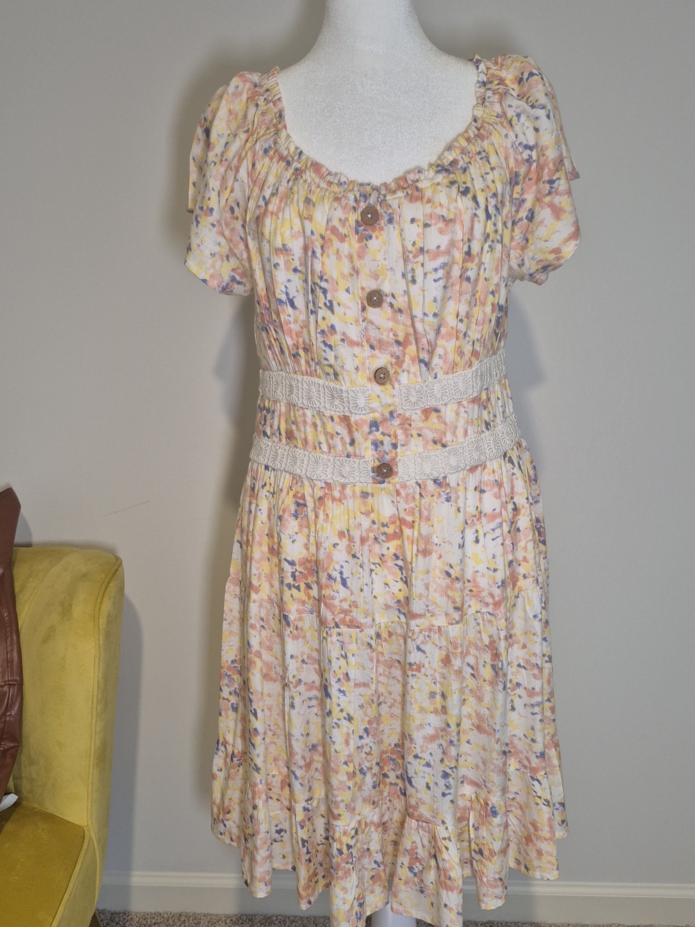 Cottagecore Pink & Yellow Floral Pastel Peasant Dress